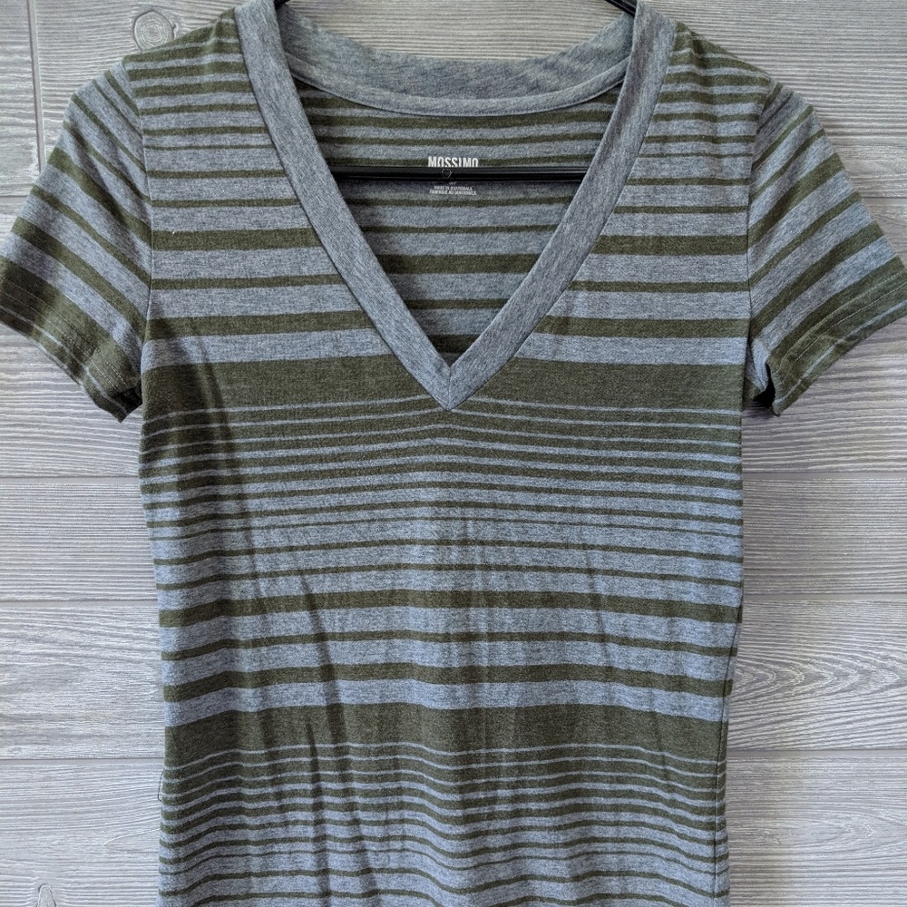 Target Mossimo V-Neck Green and Gray Striped Tee